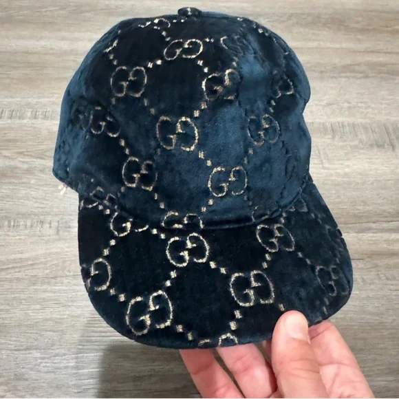 Gucci Double GG Logo Sapphire Blue Gold Velvet Baseball Cap Hat - Picture 4 of 14